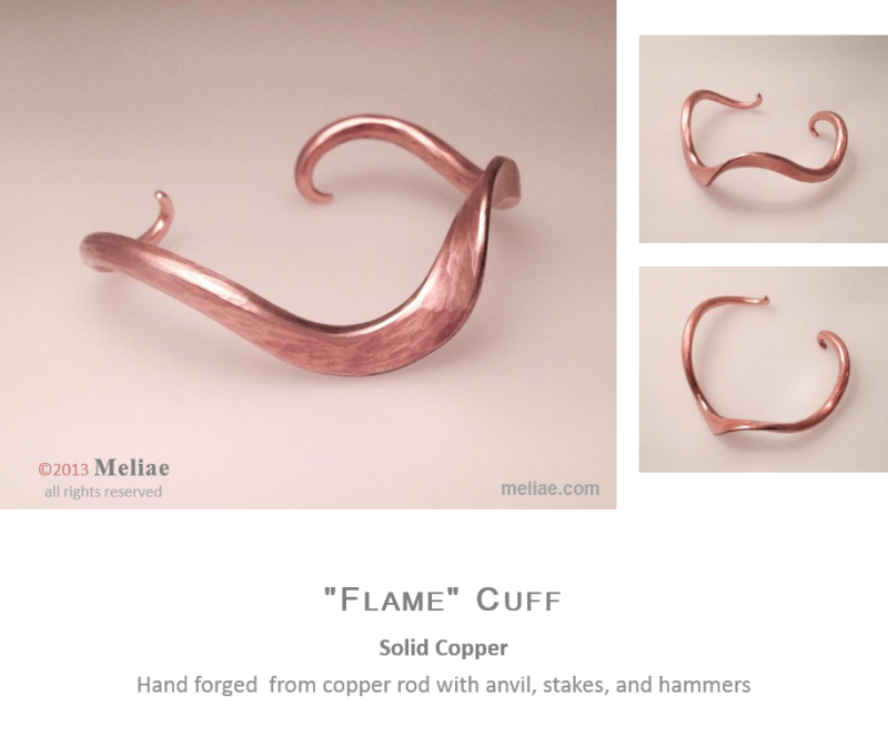 hand-forged cuff, solid copper, flame cuff