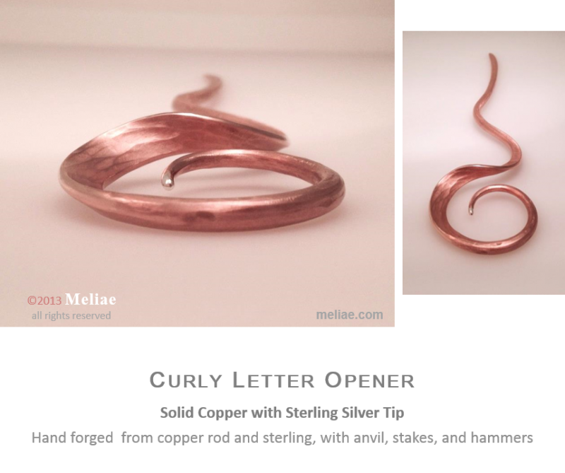 hand-forged cuff, solid copper, curly letter opener